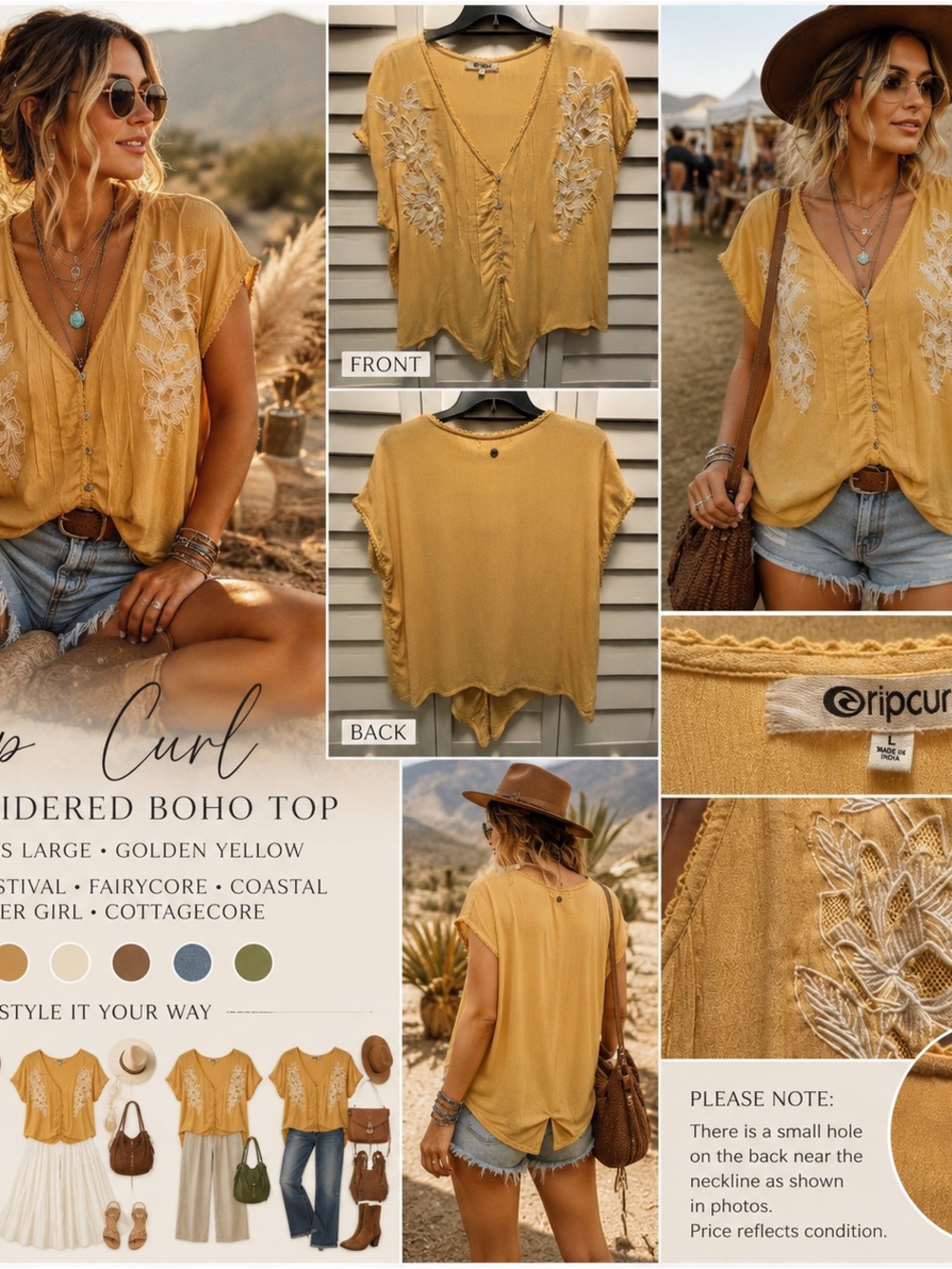 Rip Curl Top Large Mustard Yellow Embroidered Boho Fairy Festival Fairycore Y2K